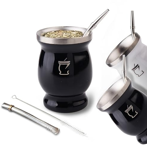 BARGRIN Juego mate Argentino para Yerba - Incluye bombilla de acero inoxidable y cepillo de limpieza - Kit de doble pared acero inoxidable - Negro