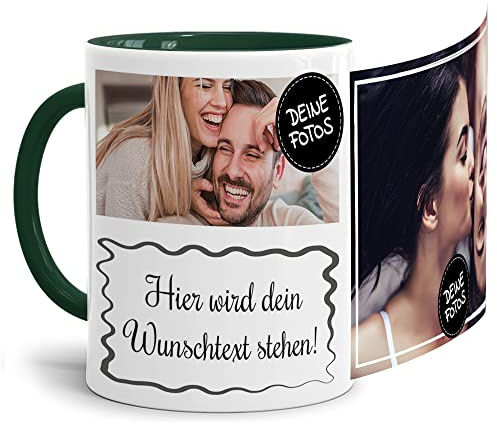 Foto-Tasse selbst gestalten mit Text & Collage für 2 Fotos - Geschenk für Familie, Freunde, Geburtstag, Weihnachten - Keramik Innen & Henkel Dunkelgrün, 300 ml I Personalisiert