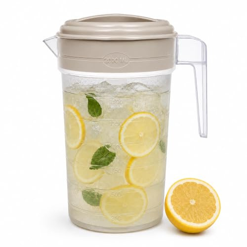 2L Plastic Jug, Juice Pitcher with Lid and Handle for Liquids | Round, BBA Free Material