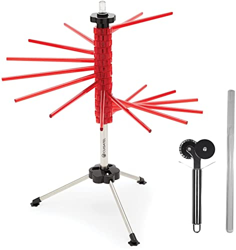 Cuisatel Séchoir à Pâtes Fraîches Rouge | Roulette Coupe-pâte Double Incluse | Support Étendoir Pliable pour Pâtes Nouilles Maison | 16 tiges | 2 kg Max