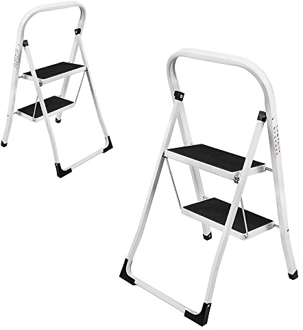 2 Step Ladders, Folding Step Ladder Lightweight Step Stool, 2 Tread Anti-slip Indoor Stool Stairs Extendable Steel Step Ladders with Hand Grip for Household & Office