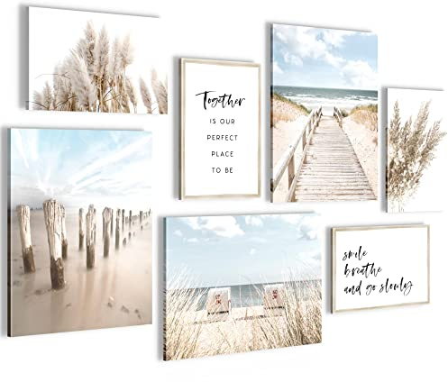 Novart Wandbilder Strand Meer Boho - KOMPLETT AUFHÄNGFERTIG - Blau Beige Wohnzimmer Schlafzimmer - 7 Moderne Mood-Bilder - N007871a