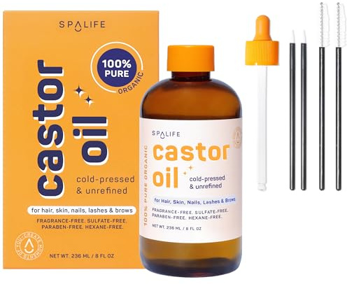 SpaLife Organic Cold Pressed Castor Oil for Face, Brows, Hair, Skin, Nails, & Lashes | Hexane Free Cold Pressed Castor Oil & 2x Brow Brushes, 2x Lash Line Applicators, and Dropper | 8 FL OZ