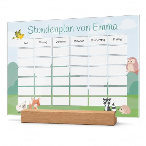 Personalisierter abwischbarer Stundenplan aus Acrylglas - niedliches Wald Tier Motiv - kreatives Geschenk zum Schulbeginn für Mädchen o. Junge - Schulkinder Wochenplaner