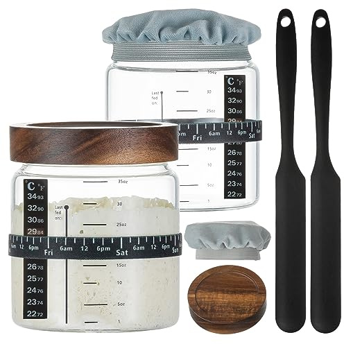 Wissy&Konny Confezione da 2 barattoli con lievito naturale, con linea di scala di once, fascia per alimentazione con data, termometro, raschietto per barattoli di lievitazione naturale, copertura in
