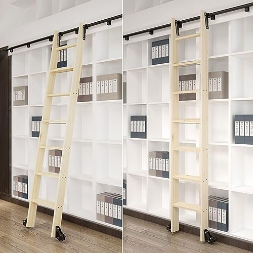WLCNYL Rollleiter-Schienen-Kit zum Einhängen in Bibliotheken, Rollleiter-Hardware-Kit (ohne Leiter) mit Rollen, Metall-Stufenstangen W, verschiebbare Hakenbaugruppen (begrenzt auf Leiterstärke 2,5