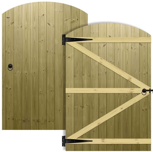 Arch Top Wooden Garden Gate 6x4ft - Tongue & Groove Semi-Braced Treated Timber Door + Ring Latch Hinge Pack, H:6ft x W:4ft Ideal for Outdoor Pathway Home Access (High: 180cm x Wide: 120cm)