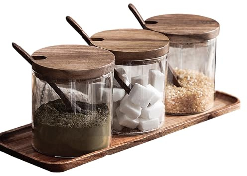 MIATTCLD Gewürzgläser 3er Set 8.5oz/250ml Glas Gewürzbehälter mit Bambus-Deckel, Löffel und Tablett, Gewürzdosen Küchenbehälter können Aufbewahrung Salz, Gewürze und Zucker für Küche und Esstisch