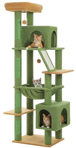MUTTROS Cactus Cat Tree for Large Cats, 71 Tall Cat Tower, Large Cat Tree for Indoor Cats, Multi-Level Cat House Furniture with 2 Big Condo Pad Bed, Cozy Hammock and Sisal Scratching Posts-Green