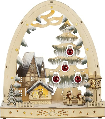 Holz Glas Design HGD LED-Lichterbogen mit 12 LED und 4 Glaskugeln für Batteriebetrieb und Timer - Größe: 30 x 9,5 x 33cm - aus Holz - Mehrfarbig