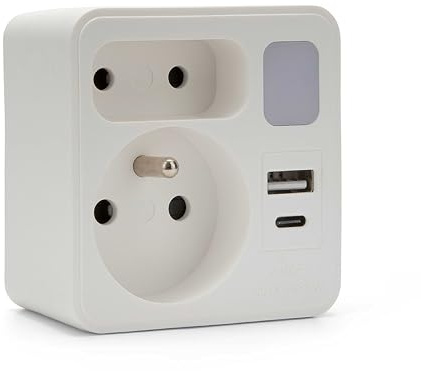 Biplite frontale 2 prises 16A + 6A norme française avec 1 prise USB-A et 1 prise USB-C. Avec veilleuse. Multiprise 5 en 1 idéale pour brancher votre téléphone, tablette…