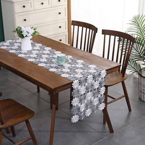 TischläUfer, Tischdecke mit weißen Blumen, Hohle TischläUfer Tischdekoration, Vintage Tischläufer, für Hochzeit, Fest, Heimdekoration, Tischdekoration, 40x120cm, Grau-Weißer Mix