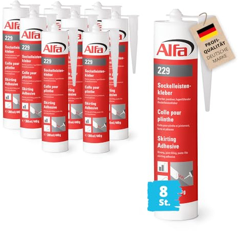 8x Alfa Sockelleistenkleber 429 g – Befestigung von Sockelleisten (3432 g) | Profi-Qualität - Weißer Montagekleber mit hoher Anfangs- und Endhaftung - Stoß- und vibrationsunempfindlich - Lösemittelfrei