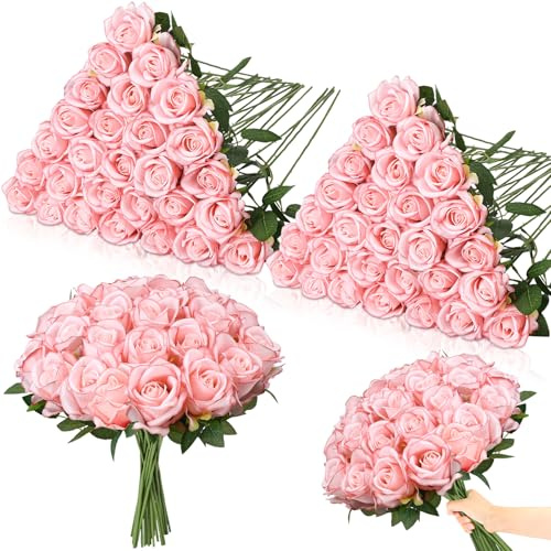 Ovveroche 80 Pcs Roses Artificial Flowers, Silk Light Pink Artificial Flowers Petals Long Stem Roses for Wedding Bouquet Home Party Decor