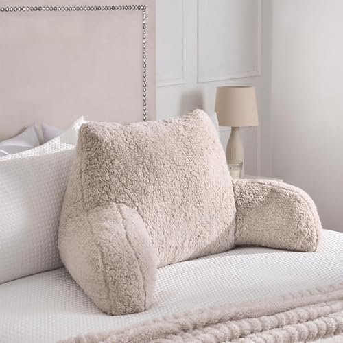 OHS Teddy Fleece Cuddle Cushion, Supportive Reading Pillow Soft Cosy Cuddle Cushions for Bed Teddy Pillow with Arms Bed Seat for Relaxing Working from Home - Natural