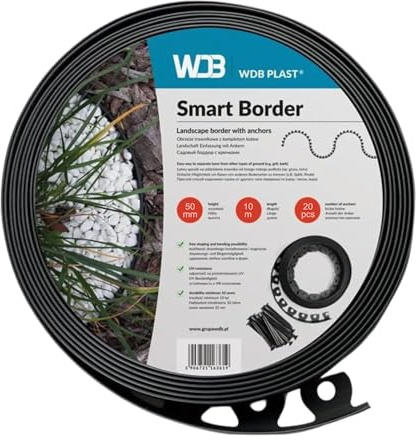 WDB Flexible Rasenkante Kunststoff - Beetumrandung - 20m Lang 5cm Hoch | Beetbegrenzung mit 40 Befestigungsnägel - Schwarz - RAL 9005