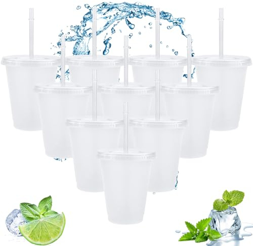 Lot de 10 gobelets en plastique transparent avec couvercles et pailles, réutilisables, sans BPA, pour café, smoothie, jus de fête, pour adulte, enfant et femme (500 ml)