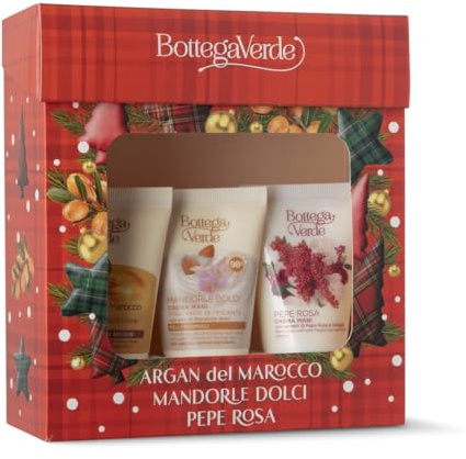 Bottega Verde - Cofanetto Regalo con 3 Creme Mani, con Mandorle Dolci, Pepe Rosa e Argan del Marocco, 3 x 30 ml, Nutriente e Profumato, Idea Regalo