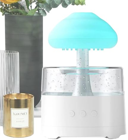 Mushroom Rain Lamp Humidifier - 15.5x15.5x23cm Rain Cloud Diffuser, Modern Night Light Decor with Cool Mist, Water Tank and Auto Shut-Off | Ceramic Evaporative Diffuser for Home, Nursery, Kids Room, R