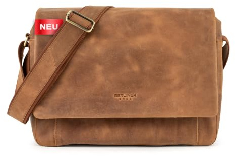 Berliner Bags Umhängetasche P-Berg Vintage, Messenger Bag aus Leder - Braun | Arbeitstasche & Umhängetasche für Herren, 17 Zoll Laptopfach & RFID-Schutz, verstellbarer Schulterriemen aus Echtleder