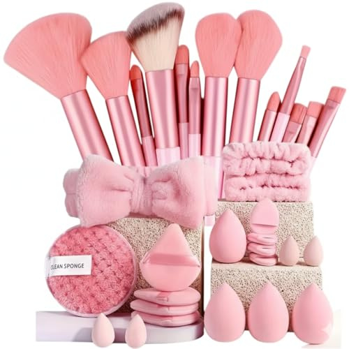 Set de Maquillaje Profesional, 33 Piezas, Incluye 13 Brochas, Brochas de Base, Contorno, Sombra de Ojos, Cejas - Rosa