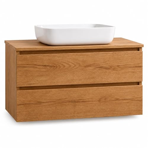 NEBADOON Mueble Baño con Lavabo sobre Encimera Mueble Suspendido De 2 Cajones con Cierre Suave Silent System Montado En Acabado Roble Gold 60 Cm Ancho 45 Cm Fondo 52 Cm Alto
