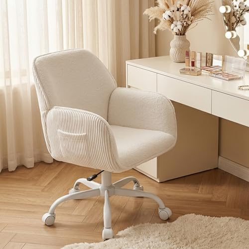 KRAMZMING Bürostuhl Ergonomisch Sherpa, Homeoffice, Schlafzimmer, Weiß | Schreibtischstuhl, bis 150 kg, Höhenverstellbar, Seitentasche, Cordstoff, für Arbeitszimmer und Schminktisch