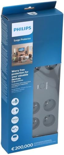PHILIPS SPN5085B/19 Steckdosenleiste mit Schalter - Überspannungsschutz - 8-Fach Steckdosen - 2700 J - Stecker Typ E - Schwarz