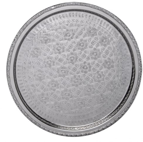 Orientalisches rundes Tablett aus Messing versilbert Nadia | Marokkanisches Teetablett in der Farbe Silber | Orient Silbertablett silberfarbig | Orientalische Dekoration auf dem gedeckten Tisch (Ø 42cm)
