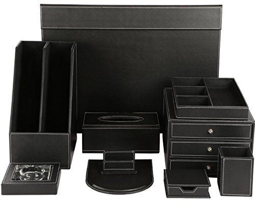 KINGFOM™ 10pcs Leder Schreibtisch Organizer Set -- Inklusive Schubladenbox, Schreibunterlage ,Mauspad ,Stiftablagen, Kosmetiktücherbox , Zeitschriftensammler Halter , Aschenbecher,Stifthalter, Visitenkartenhalter und Zettelbox (T07-Schwarz)
