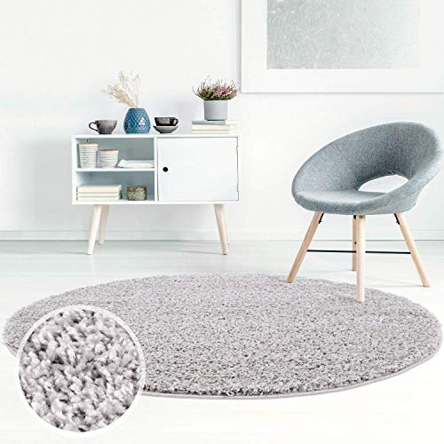 carpet city Shaggy Teppich Hochflor Langflor Einfarbig Uni Grau Weich Flauschig Wohnzimmer, Größe: 120 x 120 cm Rund
