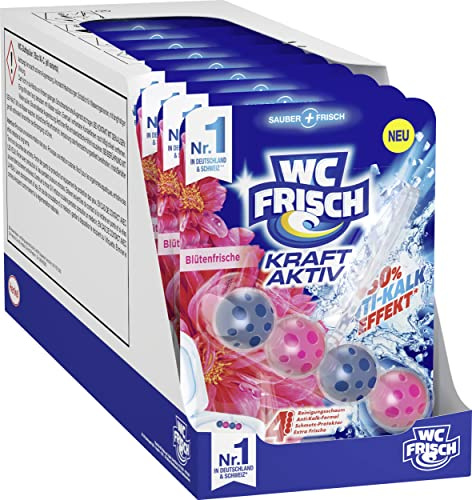 WC FRISCH Kraft Aktiv Blauspüler Blütenfrische, WC-Reiniger, 10 Stück, Farbspüler mit 50 Prozent mehr Glanz