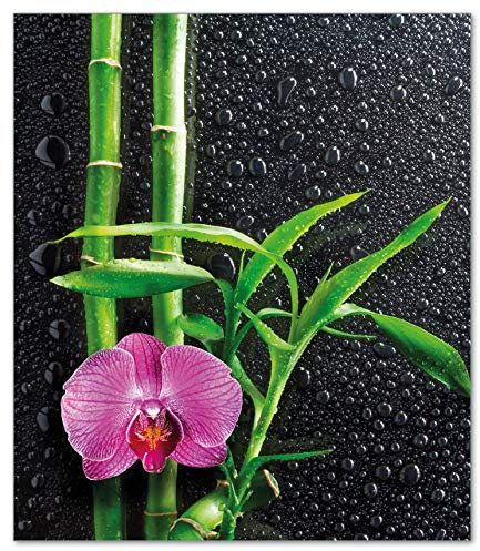 Wallario Herdabdeckplatte/Spritzschutz aus Glas, 52 x 60 cm, 1-teilig, für Ceran- und Induktionsherde, Motiv: Bambus und Pinke Orchidee auf schwarzem Glas mit Regentropfen