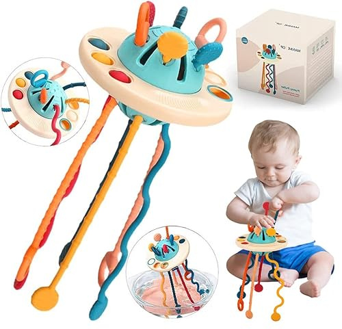 Jokooan Baby Montessori Sensory Toy, Silicone Pull String Teething Toy for 6-18 Months, Early Development Baby Toys Activity Travel Toy for 1-3 Years Boys Girls