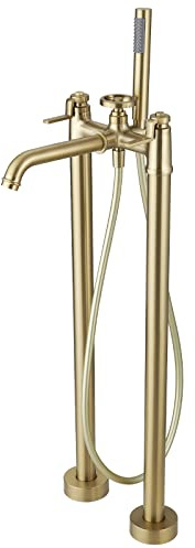 BWE Floor Mount Freestanding Bathtub Faucets Brushed Gold Solid Brass Single Handle Modern Bathroom Tub Filler High Flow Rate with Handheld Shower Mixer Tap