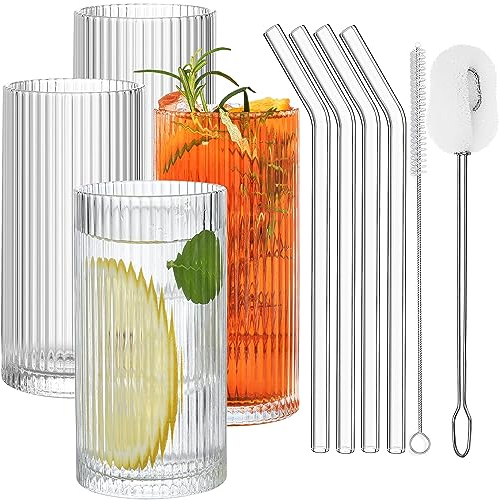 ALINK Ribbed Glassware Set of 4, Highball Water Drinking Glasses with Straws, Glassware Iced Coffee Cups, Origami Style Ridged Tumbler for Coocktail, Whiskey, Beer(12oz)