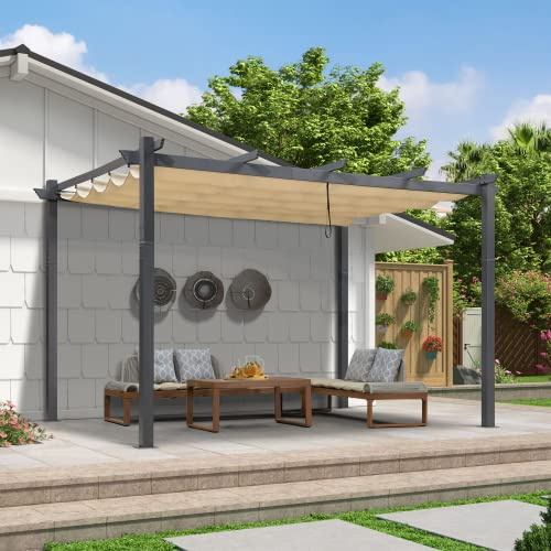 PURPLE LEAF Pergola 2.8 x 4 m Wasserdicht Stabil Winterfest, Aluminium Garten Pavillon mit Schiebedach, gerade Seitendesign, Terrassenüberdachung Freistehend, Beige
