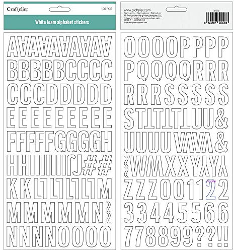 Craftelier - Chipboard-Aufkleber im Alphabet-Stil, Groß- und Kleinbuchstaben, Zahlen und Sonderzeichen - Weiß | Inklusive 166 Stück - Größe ca. 2,9 cm