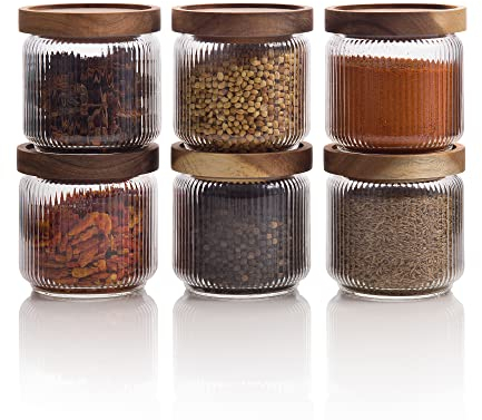 Mason & Fable Frasco de Cristal Acanalado Apilable Hermético con Tapa de Madera 350ml - 6 Piezas – Tarros de Cristal para Hierbas, Especias, Azúcar – Para Cocina, Despensa, Baño