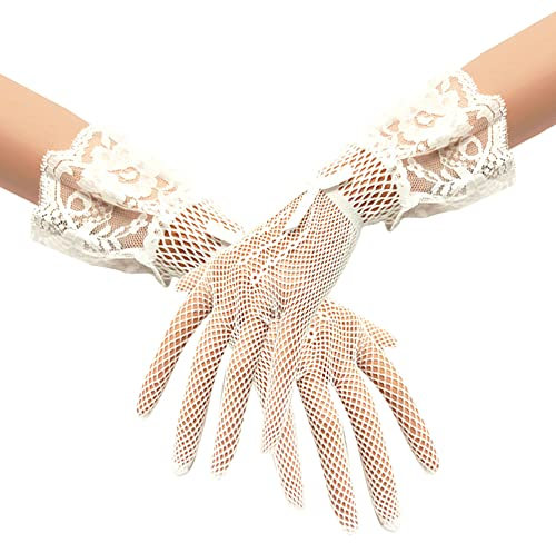 Asudaro Elegante Damen Spitzenhandschuhe, Kurze Sommer Netzhandschuhe Retro Frauen Armstulpen Spitzenhandschuhe Teeparty 1920s Vintage Handschuhe für Opern-Hochzeits-Diner-Party Beige
