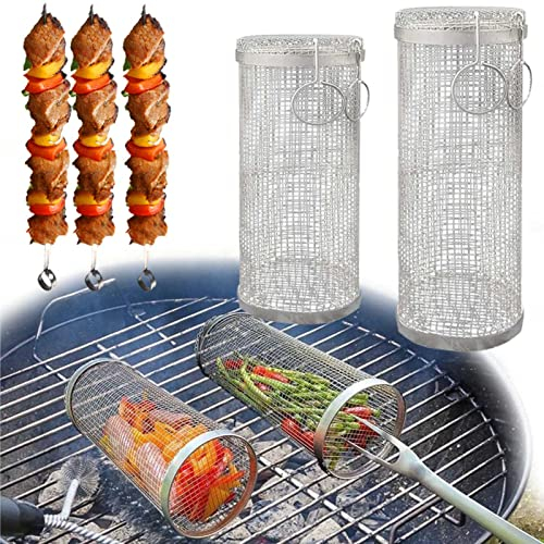 BAtlam Rollender Grillkorb, Zylinder-Grillkorb aus Edelstahlgeflecht, für Gemüse, Garnelen, Fisch, Grillzubehör (groß + klein)