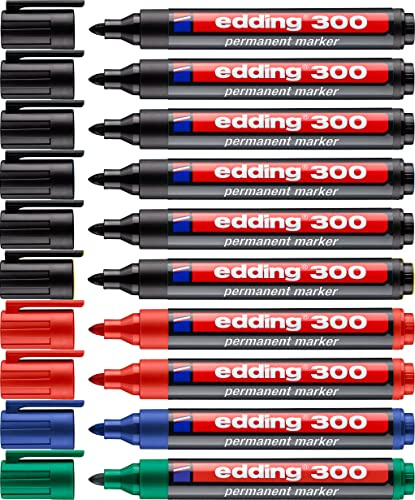 edding 300 Permanentmarker - 10er Pack - 4 Farben - Rundspitze 1,5-3 mm - wasserfest, schnell-trocknend - wischfest - für Karton, Kunststoff, Glas, Holz, Metall, Glas