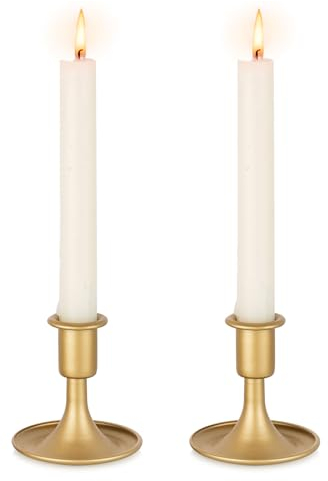 Inweder Candlestik Holders Gold for Centrepieces: Brass Candle Holder Vintage for Taper Candles - 2 Pcs Metal Candle Stick for Christmas Table Wedding Fireplace Windowsill Living Room Decor