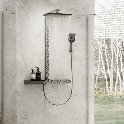 EMKE Duschsystem mit Thermostat, 36 × 24 cm Regendusche, Mattschwarz | große 71cm Ablage, 2 Strahlarten, 3 Strahlarten Handbrause, Duschset für Badezimmer und Dusche