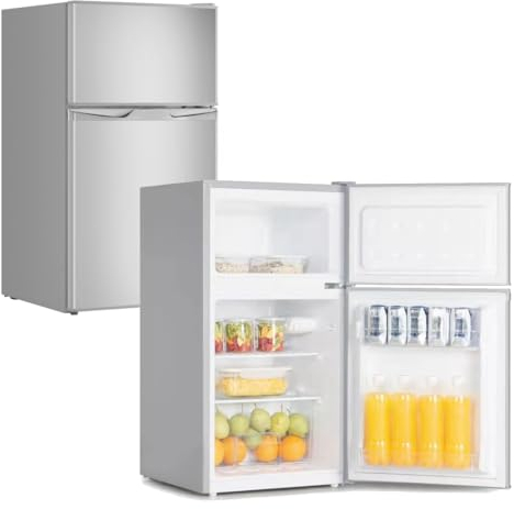 YUNA Kühl-Gefrierkombination GK85E-IX | 85cm Höhe | Inox-Look |‎ 84 Liter Nutzinhalt |4*Gefrierfach 25 L | LED-Beleuchtung | Single/Büro Kühlschrank | 2 Böden | 2 Türfächer (Effizienz E)