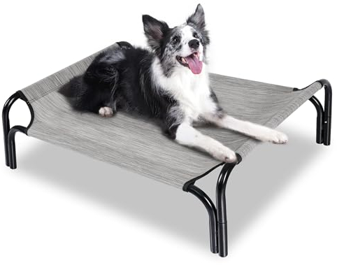PetEase Erhöhtes Hundebett, tragbar, kühlendes erhöhtes Hundebett, für drinnen und draußen, mit leistungsstarken Anti-Rutsch-Füßen/waschbarem, atmungsaktivem Netzgewebe (mittelgroß, grau)
