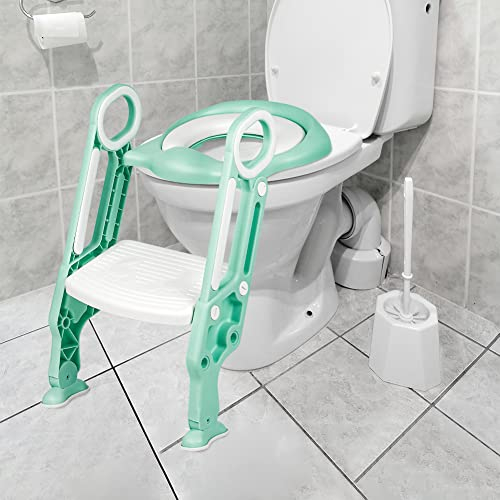 Toilettensitz Kinder Toilettentrainer mit Treppe und Griffe, Höhenverstellbar, Faltbar Kindertoilette WC Sitz Töpfchentrainer Lerntöpfchen Bequemem für Kinder 2 bis 7 Jahre (Weiß Hellgrün)