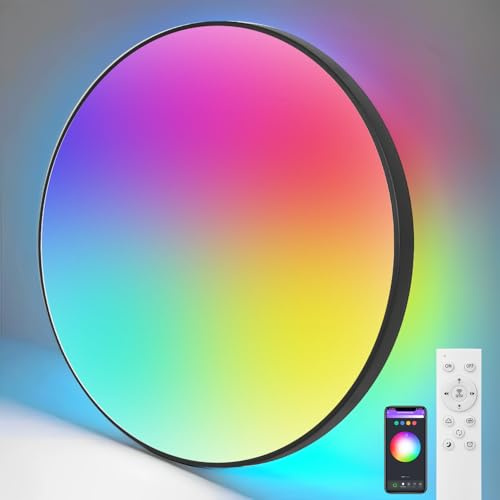 YICALE Plafon LED Techo RGB,IP44 Lampara de Techo Regulable con Mando a Distancia y APP,3000-6500K Lampara Techo Dormitorio con 16 Millones RGB Colores para Baño,Salón,Cocina,Ø32CM