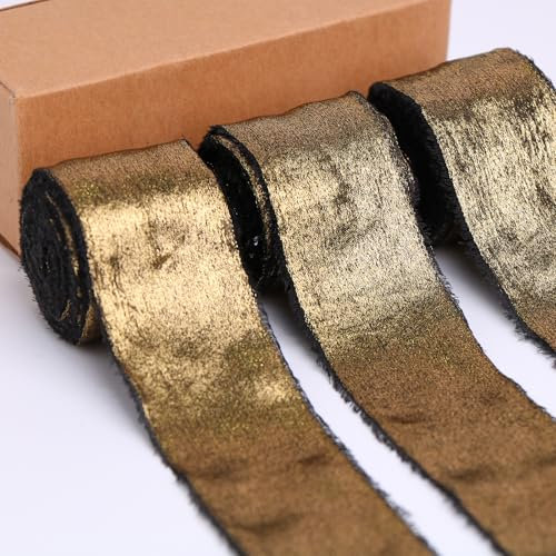 BYZANDQI Metallisches Chiffonband 3,8cm x 15m Goldband Seide Handgemachte ausgefranste Bänder für Geschenkverpackungen Baby Dusche Hochzeit Urlaub Dekoration (Schwarz)
