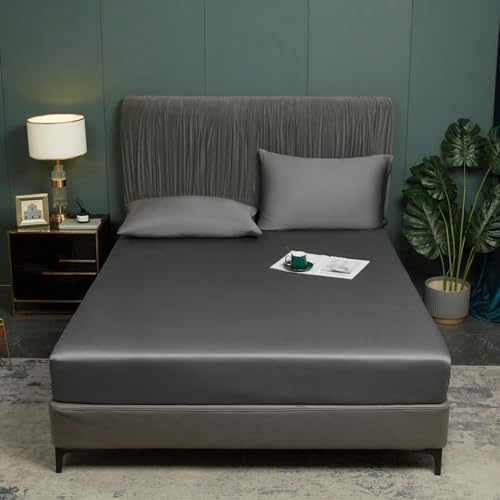 Luofanfei Bambus Lyocell Spannbettlaken 160x200cm Grau Anthrazit Glänzend | Boxspringbett Topper Glänzend Bambusfaser Muster Bettlaken Spannbetttuch Uni Spannbetttücher für Hohe Matratze bis 25-30 cm